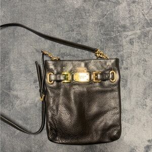 Michael Kors Black Leather Purse Crossbody with Gold Hardware Buckle Detail